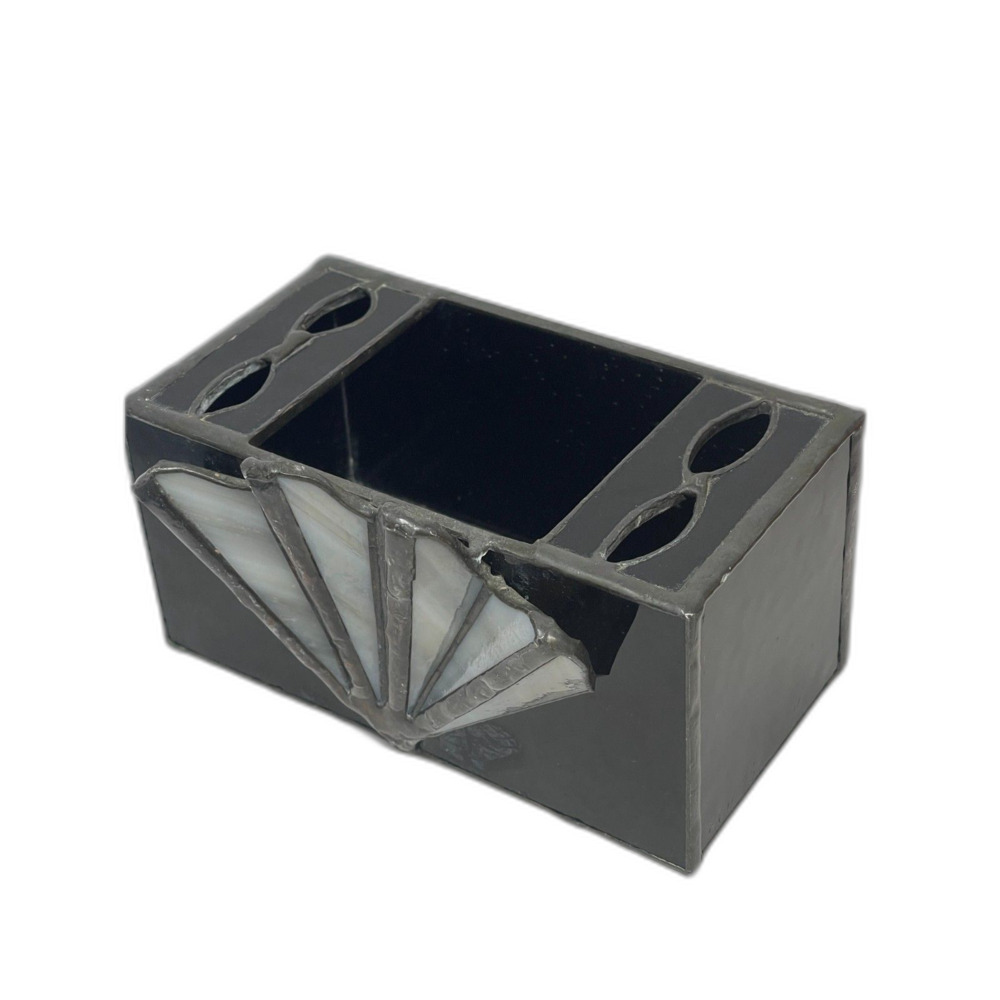 Vintage Stained Glass Art Deco Leaded Makeup Box Holder Black Silver Handmade